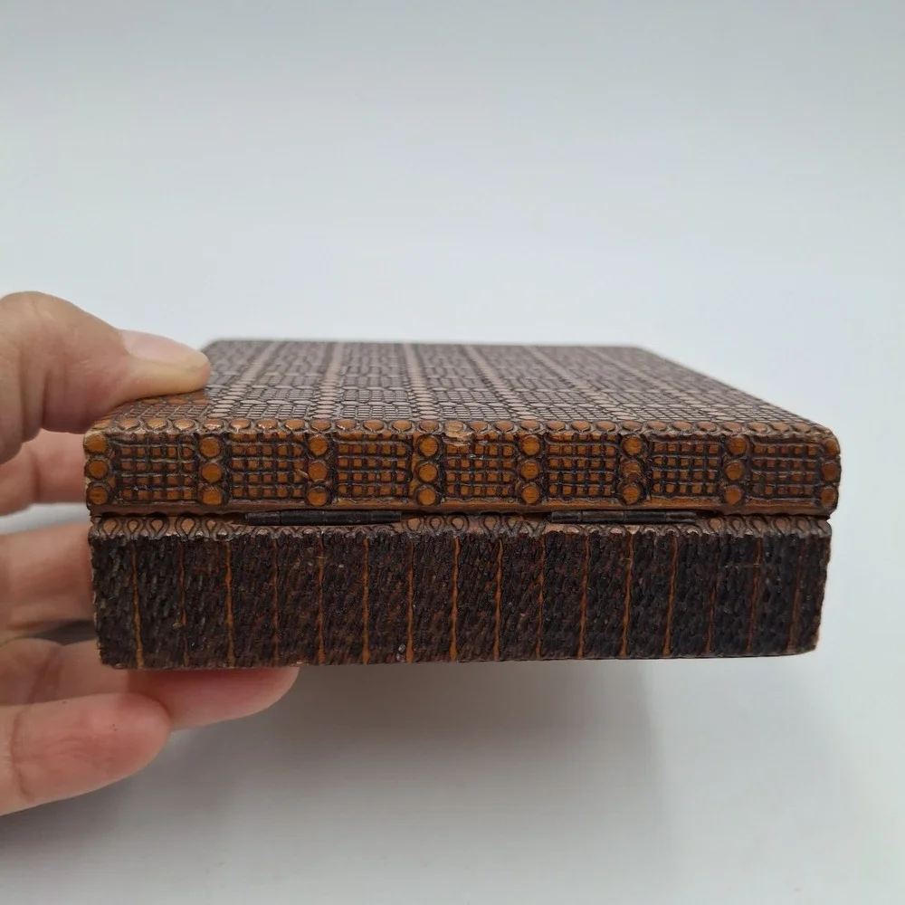 Vintage Hand Carved Wooden Trinket Box Geometric Folk Art Pyrography Square